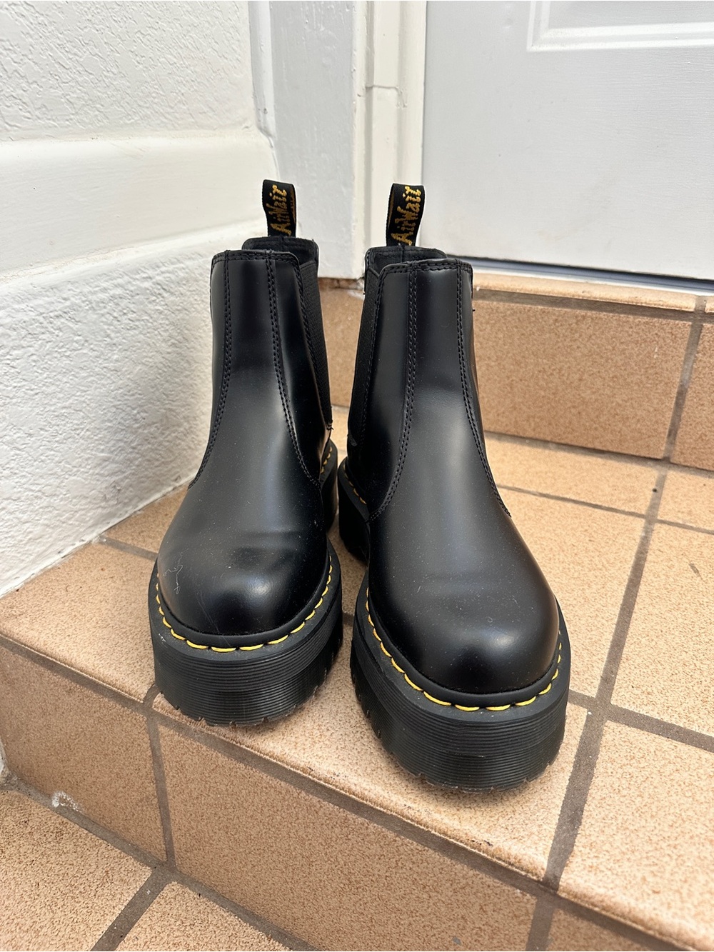 Doc Martens Black Iconic Platform Chelsea Boots with Yellow Stitching